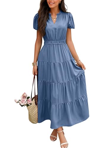 Image of ECOWISH Summer Maxi Dress for Women Casual Flowy V Neck Short Sleeve A Line Empire Waist Tiered Long Dresses with Pockets