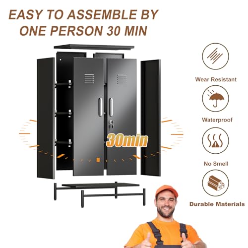 Image of pozdeg 47.24 inch Black Lockable Small Metal Storage Locker | Employees Locker with 2 Doors & 2 Adjustable Shelves, Steel File Cabinet for Employees, Home, School, Office & Gym