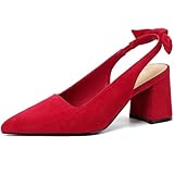 Mostrin Red Block Slingback Heels for Women Suede Pointed Closed Toe Chunky Heels Bow Women's Pumps for Office Work Business Casual