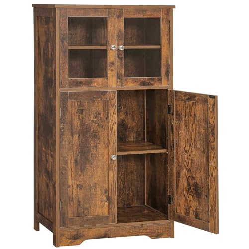 Iwell Storage Cabinet, Bathroom Cabinet with Glass Doors and Adjustable Shelf, Floor Cabinet for Living Room, Kitchen, Entryway, Rustic Brown