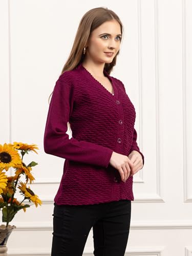 Image of Women's Winter Woolen Cardigan | Full Sleeve Textured Buttoned Sweater for Women | Soft Wool V-Neck Warm Knitted Outerwear for Office & Casual Wear