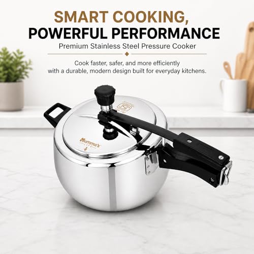 Image of Mumma's LIFE Cooker 5 Litres Stainless Steel | Heavy-Duty Silver Pressure Cooker with Inner Lid | Cool-Touch Handles | ISI Certified Lock System | Induction & Gas Stove Compatible