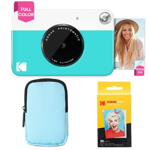 Kodak Printomatic Paquete básico de cámara con impresión instantánea a Todo Color + Estuche Blando + Paquete de 20 Papeles fotográficos Zink - Fotos Coloridas en Papel Adhesivo de 2 x 3 - Azul