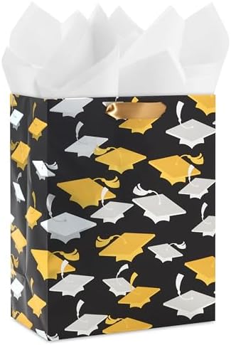 Hallmark 9″ Medium Graduation Gift Bag with Tissue Paper (Gold and Silver Mortarboards on Black) for College, High School, 8th Grade, Kindergarten, Nurses Hallmark 9″ Medium Graduation Gift Bag with Tissue Paper (Gold and Silver Mortarboards on Black) for College, High School, 8th Grade, Kindergarten, Nurses