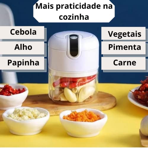 Mini Processador de Alimentos Elétrico Recarregável Alho Cebola Vegetais Com 3 Lâminas de Aço Inox C