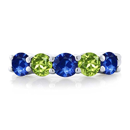 Gem Stone King 925 Sterling Silver Blue Sapphire and Green Peridot Wedding Band Ring For Women (1.08 Cttw, Round 3.5MM, Gemstone September Birthstone, Available In Size 5, 6, 7, 8, 9)2