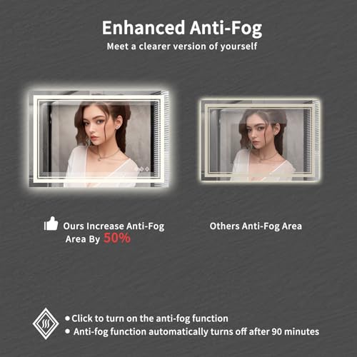 Image of Bathroom Mirror, 44x30 Inch Gradient Front and Backlit Smart Mirror, 3 Colors Dimmable CRI>90 Double Lights, IP54 Enhanced Anti-Fog, Hanging Plates Wall Mount LED Mirror