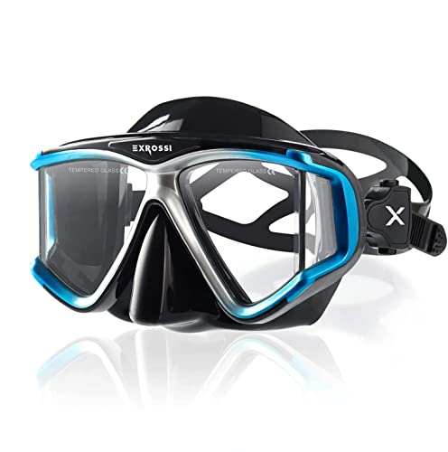 Exrossi Scuba Diving Mask Panoramic 4 Lens, Tempered Glass Snorkeling Dive Mask With Nose Cover, Anti Fog Snorkel Goggles Gear, Adult Youth Swim Mask For Diving, Snorkeling, Swimming #TOP7