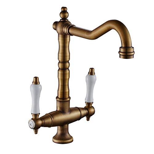 Grifos de Cocina Grifo Mezclador de Fregadero de Latón Antiguo Giratorio de 360° con Rociador de Agua Caliente Y Fría