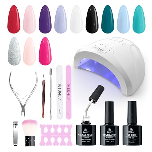 SUNUV Gel Nail Polish Kit with UV Light, Gel Polish Nail Kit Base and Glossy Top Coat Set 12 Colors Manicure Tools Gift for Woman