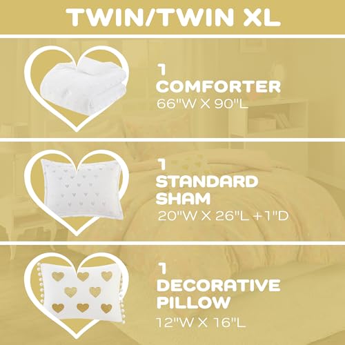 Image of Intelligent Design Twin Comforter Set, 3 Piece Metallic Hearts Bedroom Set for Girls, Twin Bed Set Soft Plush Comforter, Rosalie All Season Fluffy Bedding Set, Twin /Twin XL, White /Gold 3 Piece