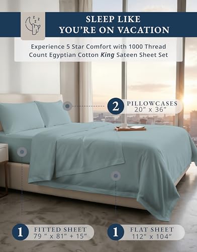 Image of LANE LINEN King Sheets 1000 Thread Count 100% Egyptian Cotton - French Blue | Cooling Sheets King Size - 4-Piece Set, 16 inch Deep-Pocket Snug Fit, Elevates A Master Suite, Fade-Resistant & Durable