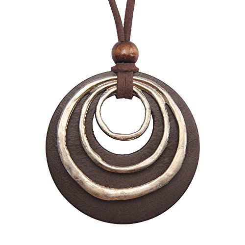 GelConnie Long Necklaces for Women Boho Brown Necklace Wooden Pendant Necklace Long Rope Sweater Necklace Leather Long Necklace