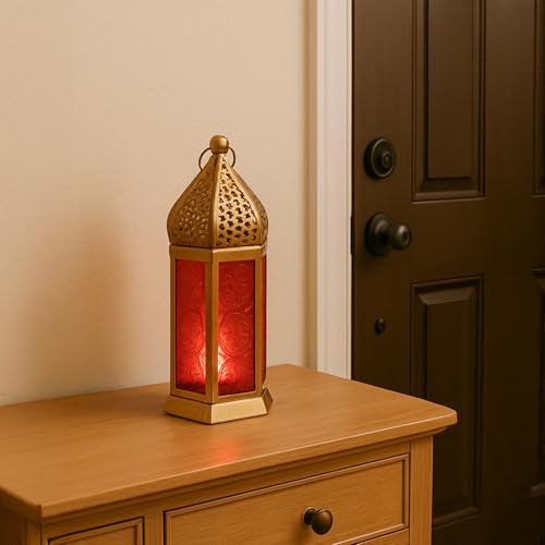 Image of MARKET 99 Metal & Glass Moroccan Lantern with Embossed Glass | Christmas & Holiday Candle Holder, Festive Home Decor, Diwali, Birthday & Wedding Decoration-Golden & Red | (Use LED T-Light only)