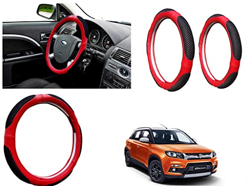 Image of Microfiber Car Steering Wheel Cover, Soft Padding Great Hand Feel, Anti-Slip, Faux Leather Steering Cover for Maruti Suzuki Vitara Brezza | Black Red Jali - Pack of 1
