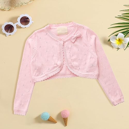 Girls 𝗦hrugs B𝗼lero Long Sleeve Cardigan Kid Button Closure Sh𝗿ug Crop Top Part𝘆 Church Dress (Pink, 5-6 Years)2