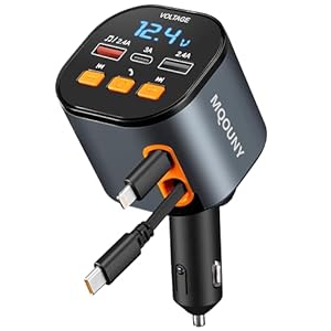 Retractable Car Charger,5 in 1 Fast Cars Phone Charger 90W,Bluetooth 5.3 FM Transmitter Adapter,Handsfree Call,2 Retractable Cables and USB Chargers for iPhone17/16 15/14/13