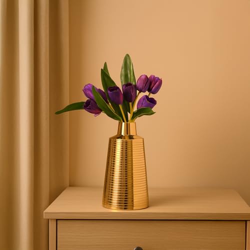 Image of Market99 Golden Metal Flower Holder |Truncated Cone Shape Vase with Ribbed Design & Glossy Texture|Decorative Accent for Tabletop, Living Room, Corner, Shelf & Gifting|A modern luxury for every corner