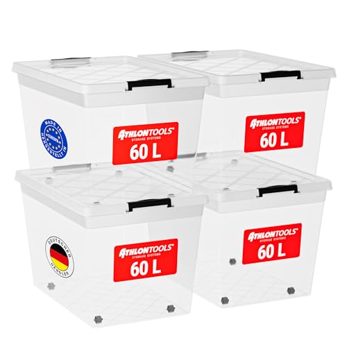 ATHLON TOOLS 4x 60 L Aufbewahrungsboxen mit Deckel, lebensmittelecht - Verschlussclips - 100% Neumaterial Plastik-Box transparent - Kleiderboxen stapelbar… ATHLON TOOLS 4x 60 L Aufbewahrungsboxen mit Deckel, lebensmittelecht - Verschlussclips - 100% Neumaterial Plastik-Box transparent - Kleiderboxen stapelbar…