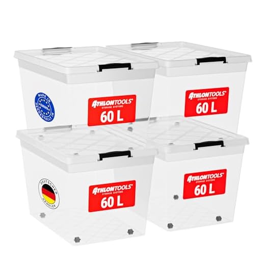 ATHLON TOOLS 4x 60 L Aufbewahrungsboxen mit Deckel, lebensmittelecht - Verschlussclips - 100% Neumaterial Plastik-Box transparent - Kleiderboxen stapelbar…