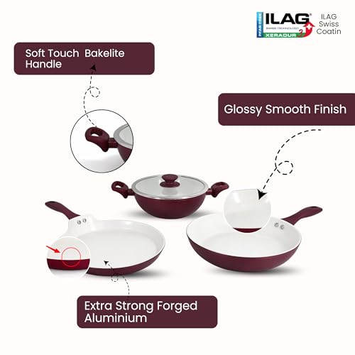 Image of SALFORD Forged Ceramic Set of 3+1 (Kadai 240mm + Frypan 240mm + Tava 260mm + Glass Lid) with Tubular SS Handle I Induction Base & Gas Ready I 2 Year Warranty (Wine & Vanilla)