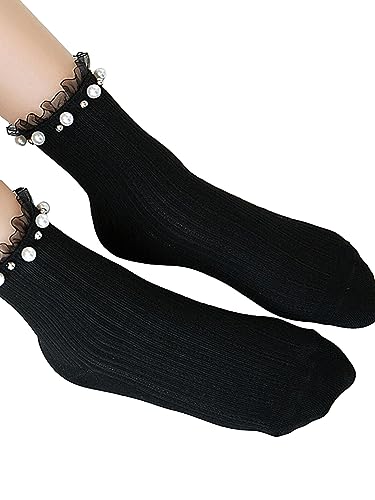 OYOANGLE Women's 1 Pair Solid Faux Pearl Decor Ruffle Frilly Trim Fashionable Crew Socks Elegant Lace Socks