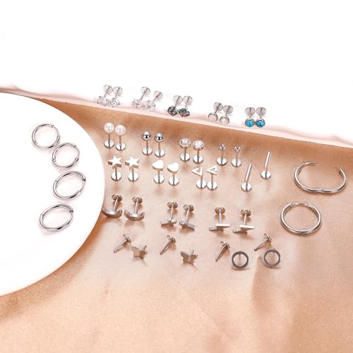 REVOLIA 21Pairs 20G Threadless Cartilage Earrings Set Surgical Steel Push in Earrings for Women Men Hypoallergenic Flat Back Earrings Huggie Hoop Earrings Heart Star Pearl Stud for Multiple Piercing2