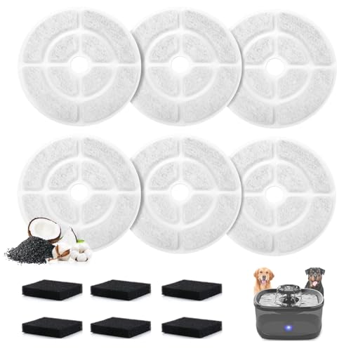 Dog Water Fountain Filters Replacement for Sibays 2.5Gal/9.5L Dog Bowl Filter, 7" Large Pet Drinking Fountain Filter, 18CM Coconut Activated Carbon Cat Water Dispenser Filter (6 Pack)
