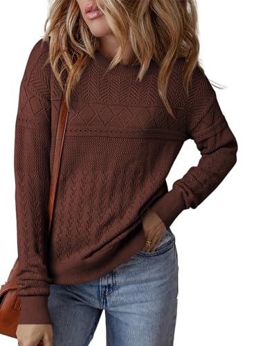 SHEWIN Fall Sweaters for Women Casual Crewneck Long Sleeve Crochet Pullover Tops Sweater