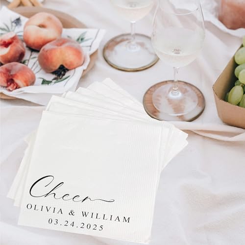 Image of Personalized Cocktail Napkins Wedding, Cheer Mr Mrs Name Couple, Pack 50 100 150 300 500 Anniversary Party, Disposable Decoration Initials Beverage Bar Reception Cocktail Luncheon Dinner, Golden 2