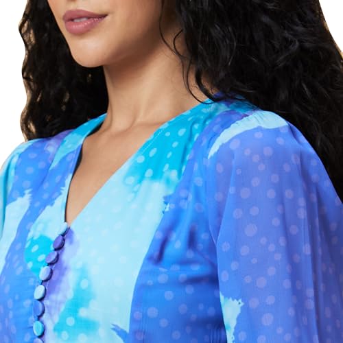 Image of Globus Women Pink Abstract Print V-Neck Casual Tie-Up Fit and Flare Tiered Maxi Dress-3639580001