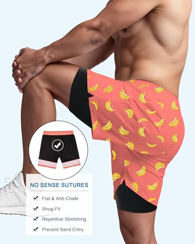 American Trends Men's Swim Trunks 7 Inch with Compression Liner Quick Dry Swim Shorts for Men Beach Board Shorts Bathing Suit with Pockets Large Pink Orange Banana - Thumbnail 4