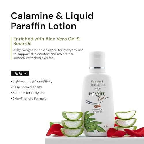 Image of Parasoft Cal Calamine and Liquid Paraffin Lotion 70ml | Enriched with Aloe Vera Gel and Rose Oil | Soothes Rashes, Itching, Sunburn and Insect Bites | For Oily, Combination and Sensitive Skin | Face and Body Use