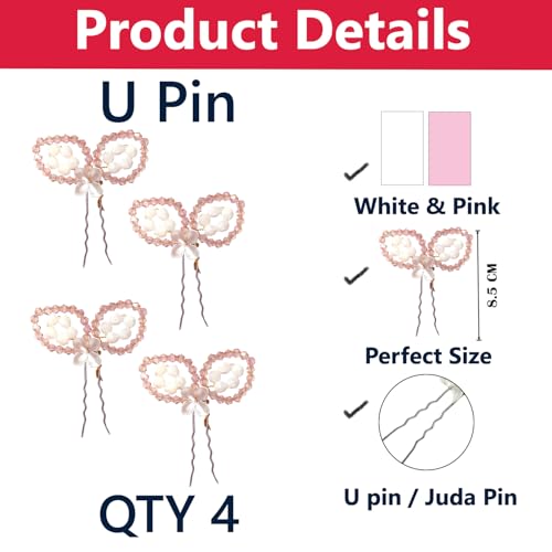 Image of TEMPERIA (4 pcs) Crystal U Pin Hair Accessories For Women & Girls - Artificial Flowers Bun Juda Bridal Pins for Hairstyle & Decoration - Pins & Clips for Style of Bride - Pink & White (MN01)