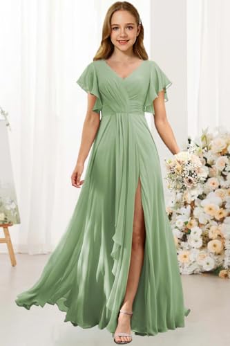 Chiffon Junior Bridesmaid Dress V-Neck Flower Girl Flowy Dresses with Ruffles Chiffon A Line Wedding Party Gown3