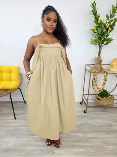 Image of YUEWOO Midi Dresses for Women Casual Summer Sundresses Vacation Outfits Spaghetti Strap Smocked Women Maxi Dress with Pockets