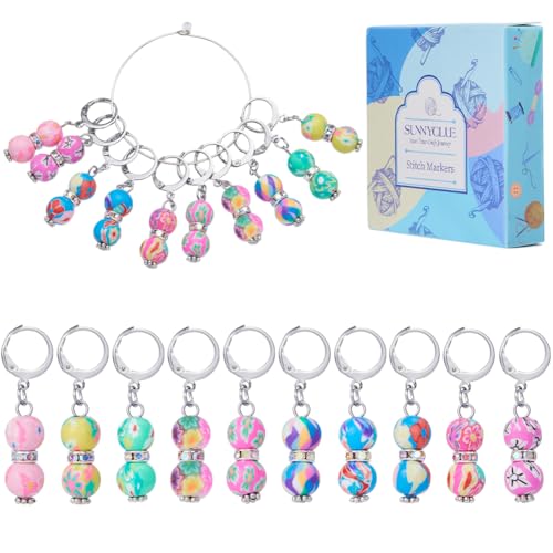 SUNNYCLUE 1 Box 20Pcs Stitch Markers Crochet Stitch Marker Cute Leverbacks Round Polymer Clay Beads Charms Clip On Removable Zipper Pull Charm Locking Knitting Markers for Yarns DIY Sewing Quilting