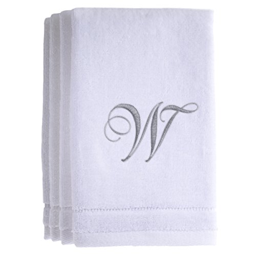 Monogrammed Towels Fingertip, Personalized Gift, 11 x 18 Inches - Set of 4- Silver Embroidered Towel - Extra Absorbent 100% Cotton- Soft Velour Finish - For Bathroom/ Kitchen/ Spa- Initial W (White)