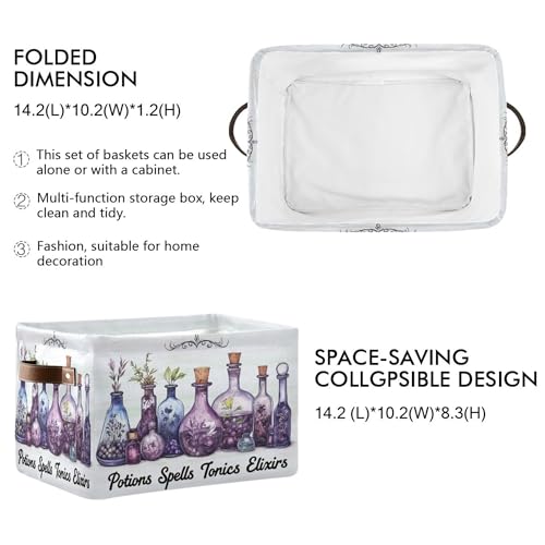 Image of Halloween Witch Potions Storage Basket with Waterproof Liner and PU Handles Purple Herb Spooky Storage Bins Boxes 14.2 inch Collapsible Decorative Organizer Baskets for Bedroom Closet Office 1 Pack