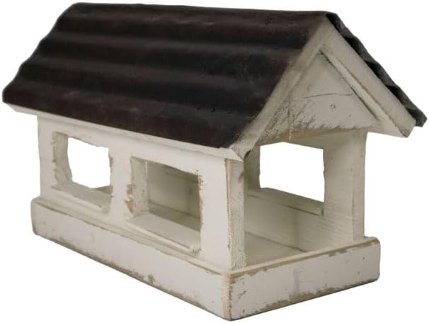 Bird in Hand Amish Made Small Covered Bridge Bird Feeder – Rustic White Reclaimed Wood Fly-Through Feeder – 0.8 Qt Capacity, Post Mount, Made in USA