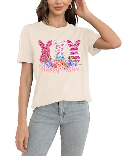 T-shirt de Pâques femme vêtement imprimé lapin col rond top rose
