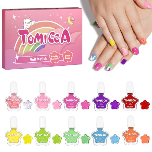 TOMICCA Non-Toxic Safe Nail Polish,10 Colors Water-Based Peelable Glitter Effect Rainbow Nail Polishs Kit,Quick Dry Nail Polish