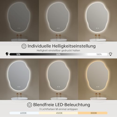 OUMUSU Spiegel mit Beleuchtung Asymmetrischer LED Badspiegel 56 x 76 cm mit Touch-Schalter, Dimmbar 3 Lichtfarbe Einstellbare, Beschlagfrei Badezimmerspiegel mit Beleuchtung, Bruchsicher 5