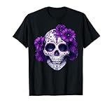 Purple Floral Black Sugar Skull Day Of The Dead Mexican Pray T-Shirt