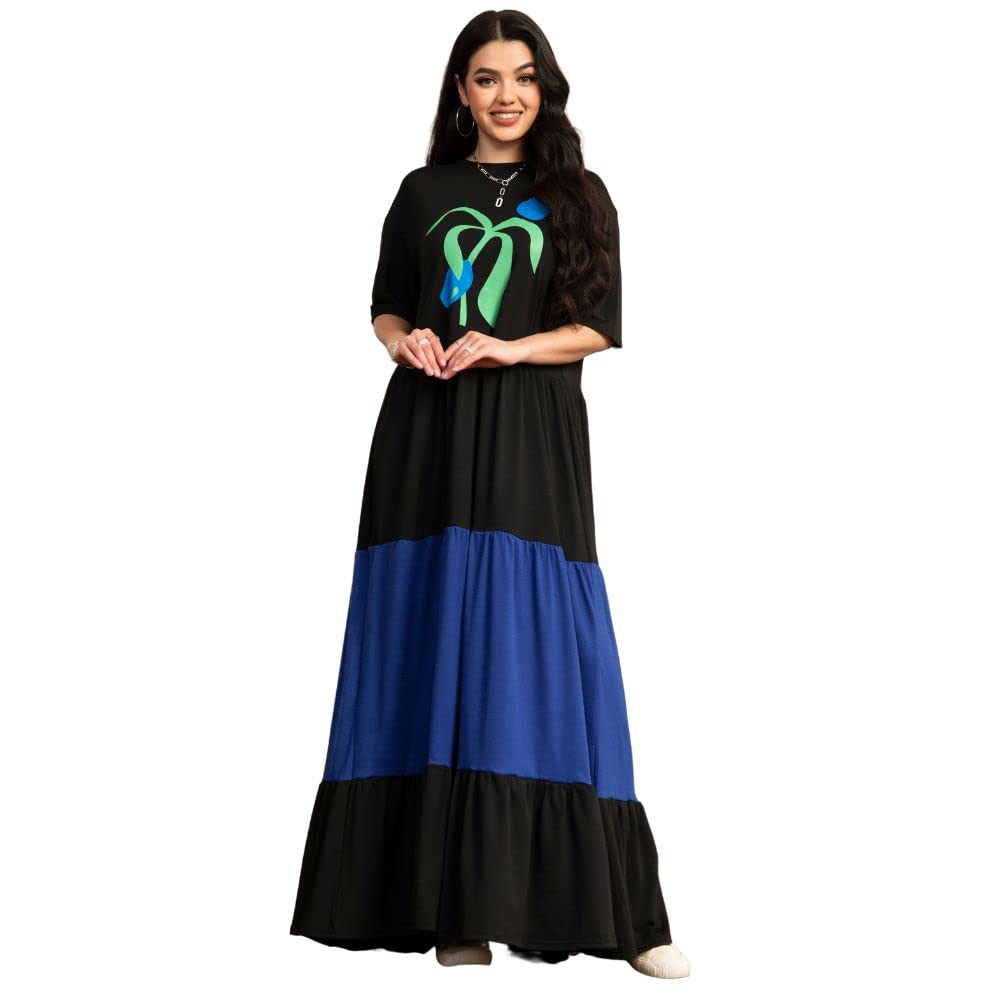 FridayIn Women Dress Round Neck Flowers Color Contrast Long Sleeve Kaftan Maxi White Dresses with Zipper