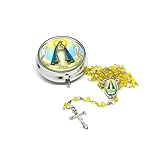 Catholic Town Rosary Necklace with Our Lady of Charity "Virgen de la Caridad del Cobre" center piece, Cross Crucifix and metallic box (Available in Red, White and Yellow colors) (Yellow)