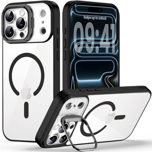 Image of VONZEE Clear Camera Kickstand Case for iPhone 17 Pro, Built-in Adjustable Camera Stand, Clear Magnetic Mag-Safe Shockproof Classic Series Phone Cover (Black)