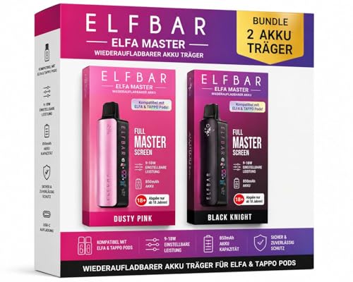 ELFBAR Elfa Master Akkuträger Set [2 Stück | 850mAh] wiederaufladbare Träger-Einheit für ELFA & TAPPO Systeme 918W einstellbar USB-C Dusty Pink & Black Knight