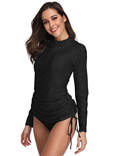 Women's Long Sleeve Half-Zip Sun Protection Hooded Rashguard Side Adjustable Swim Shirt Ca109-F65-Xl #TOP2