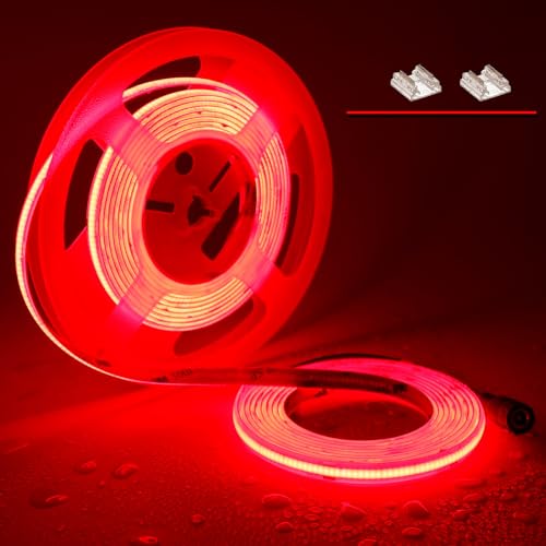 TOPAI 24V COB LED Strip Light Red Waterproof IP65 16.4ft/5M Dotless 480LED/M 2400LEDs Cuttable Flexible LED Tape Light for Cabinet Home DIY Lighting Projects